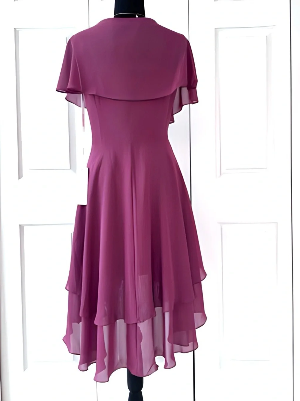 Billowy High-Low layered dress w/flutter sleeves partially lined burgundy color